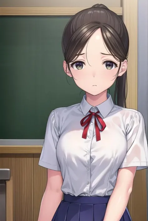 akaneyoshizawa, <lora:akaneyoshizawa-lora-nochekaiser:1>,
akane yoshizawa, black hair, ponytail, (green eyes:1.5), swept bangs, long hair,
BREAK skirt, shirt, ribbon, school uniform, white shirt, short sleeves, pleated skirt, shoes, socks, blue skirt, white socks, collared shirt, red ribbon,
BREAK indoors, classroom,
BREAK looking at viewer, (cowboy shot:1.5),
BREAK <lyco:GoodHands-beta2:1>, (masterpiece:1.2), best quality, high resolution, unity 8k wallpaper, (illustration:0.8), (beautiful detailed eyes:1.6), extremely detailed face, perfect lighting, extremely detailed CG, (perfect hands, perfect anatomy),