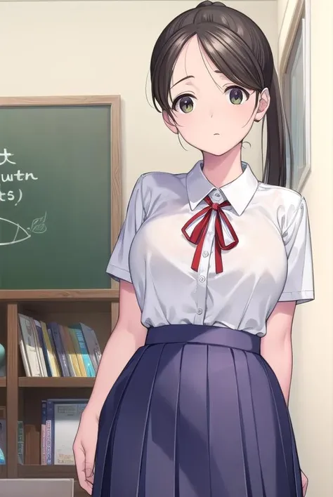 akaneyoshizawa, <lora:akaneyoshizawa-lora-nochekaiser:1>,
akane yoshizawa, black hair, ponytail, (green eyes:1.5), swept bangs, long hair,
BREAK skirt, shirt, ribbon, school uniform, white shirt, short sleeves, pleated skirt, shoes, socks, blue skirt, white socks, collared shirt, red ribbon,
BREAK indoors, classroom,
BREAK looking at viewer, (cowboy shot:1.5),
BREAK <lyco:GoodHands-beta2:1>, (masterpiece:1.2), best quality, high resolution, unity 8k wallpaper, (illustration:0.8), (beautiful detailed eyes:1.6), extremely detailed face, perfect lighting, extremely detailed CG, (perfect hands, perfect anatomy),