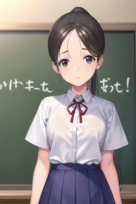 akaneyoshizawa, <lora:akaneyoshizawa-lora-nochekaiser:1>,
akane yoshizawa, black hair, ponytail, (green eyes:1.5), swept bangs, long hair,
BREAK skirt, shirt, ribbon, school uniform, white shirt, short sleeves, pleated skirt, shoes, socks, blue skirt, white socks, collared shirt, red ribbon,
BREAK indoors, classroom,
BREAK looking at viewer, (cowboy shot:1.5),
BREAK <lyco:GoodHands-beta2:1>, (masterpiece:1.2), best quality, high resolution, unity 8k wallpaper, (illustration:0.8), (beautiful detailed eyes:1.6), extremely detailed face, perfect lighting, extremely detailed CG, (perfect hands, perfect anatomy),
