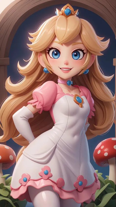 highres,masterpiece,perfect ligthing,bloom,cinematic lighting,adult,perfect skin,female,cowboy shot,smile,narrow waist,skinny,<lora:PrincessPeachMovie:0.6>,(PrincessPeach),choker,detailled eyes,blue eyes,choker,sensual,mushrooms,mushroom kingdom,pink lips,((glossy lips)),pursed lips,pink pumps,glossy skin,oily skin,beautiful light,(day:1.3),bright,looking at viewer,<lora:3DMM_V11:0.4>,white dress,