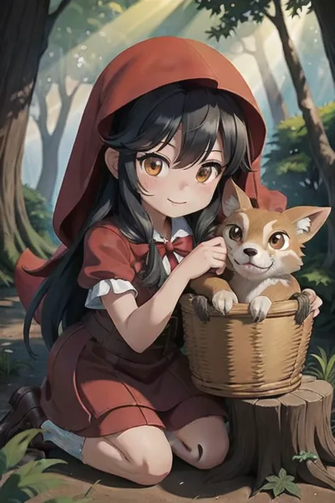 Red Riding Hood, a girl met a wolf, kisses him with pies, forest, sandy path, sun rays, fern, tree stump, bottle , basket, mushrooms
