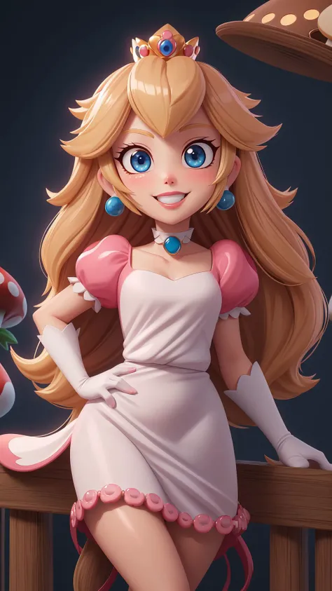 highres,masterpiece,perfect ligthing,bloom,cinematic lighting,adult,perfect skin,female,cowboy shot,smile,narrow waist,skinny,<lora:PrincessPeachMovie:0.6>,(PrincessPeach),choker,detailled eyes,blue eyes,choker,sensual,mushrooms,mushroom kingdom,pink lips,((glossy lips)),pursed lips,pink pumps,glossy skin,oily skin,beautiful light,(day:1.3),bright,looking at viewer,<lora:3DMM_V11:0.4>,white dress,