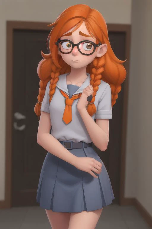 girl with orange hair , thin lips, nerd glasses. She is slim build, short build, hair with braids, freckles on the face, tiny nose. she is free of make-up, thick eyebrows, without makeup. She is wearing a winter school divise. She is shy. Resolution in FHD, 8k. She is walking in the school corridors. she has a discouraged face. high resolution