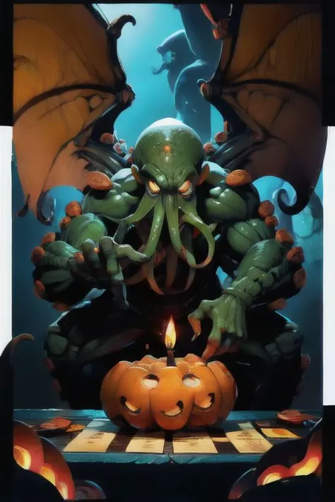 Cthulhu is a pumpkin monster among candy candles and dice, on a ship playing a board game with a vampire, bats flying around,
