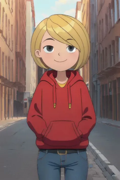 masterpiece, best quality, 1girl, solo, smile, closed mouth. blonde, (masterpiece, best quality), outdoors, Harriet, short hair,red hoodie, jeans, walking, upper body,happy, looking at viewer, girl, young girl, short girl