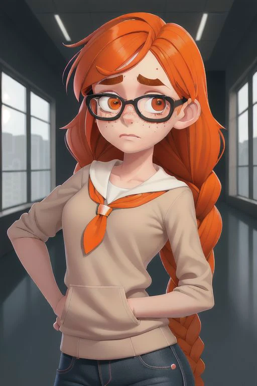 girl with orange hair , thin lips, nerd glasses. She is slim build, short build, hair with braids, freckles on the face, tiny nose. she is free of make-up, thick eyebrows, without makeup. She is wearing a winter school divise. She is shy. Resolution in FHD, 8k. She is walking in the school corridors. she has a discouraged face. high resolution
