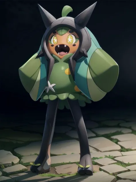 (masterpiece:1.2), (best quality:1.2), 1girl, solo, (full body), looking at viewer, happy, open mouth, BREAK
<lora:Ogerpon-15:1> ogerpon, pokemon \(creature\), black pantyhose, hood, green dress, yellow eyes, fangs, +_+,