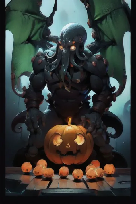 Cthulhu is a pumpkin monster among candy candles and dice, on a ship playing a board game with a vampire, bats flying around,
