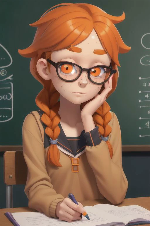girl with orange hair , oramge eyes, thin lips, nerd glasses. She is slim build, short build, hair with braids, freckles on the face, tiny nose. she is free of make-up, thick eyebrows, without makeup. She is wearing a winter school divise. She is shy. Resolution in FHD, 8k. She is studing at school. She is sit down and writing. she has a discouraged face. high resolution