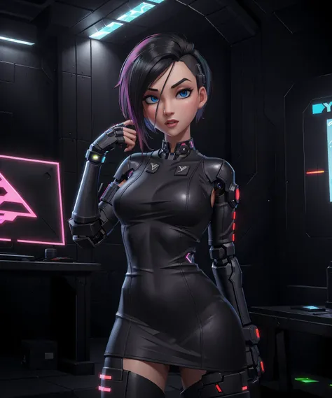 <lora:Judy:0.7> Judy Alvarez, (dry skin), Expressive hand animations, real-time character interaction, advanced material blending, dynamic character shading, stylized filters, adaptive depth of field, silhouette rendering, V-cut, long layers, dramatic angles, modern edge, (detailed eyes+face:1.3), low contrast, subsurface scattering hair, dynamic eye shading, facial animation, natural lighting, depth of field, cinematic lighting, matte, masterpiece, subsurface scattering, ray traced, cinematic hard lighting, detailed textures, casual futuristic outfit , leather, (cyberpunk style, (indoors , street, night, dark, darkness), futuristic clothes) (, science-fiction , cyberfashion dress , robotic arm , cyberspace , indoors , night time, darkness, neon lights) , high quality, beautifully detailed