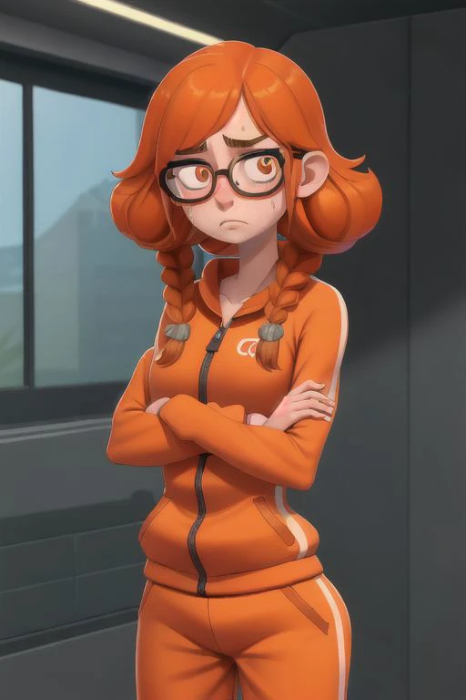 girl with orange hair , oramge eyes, thin lips, nerd glasses. She is slim build, short build, hair with braids, freckles on the face, tiny nose. she is free of make-up, thick eyebrows, without makeup. she is wearing tracksuit. She is shy. Resolution in FHD, 8k. She is train in the school's gym. she is sweaty and tired. high resolution. she has despondent facial expression. she is desperate.
