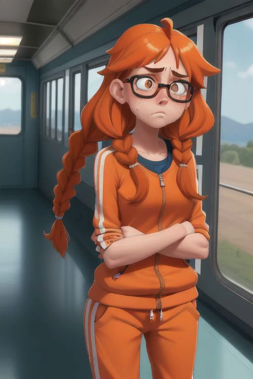 girl with orange hair , oramge eyes, thin lips, nerd glasses. She is slim build, short build, hair with braids, freckles on the face, tiny nose. she is free of make-up, thick eyebrows, without makeup. she is wearing tracksuit. She is shy. Resolution in FHD, 8k. She is train in the school's gym. she is sweaty and tired. high resolution. she has despondent facial expression. she is desperate.