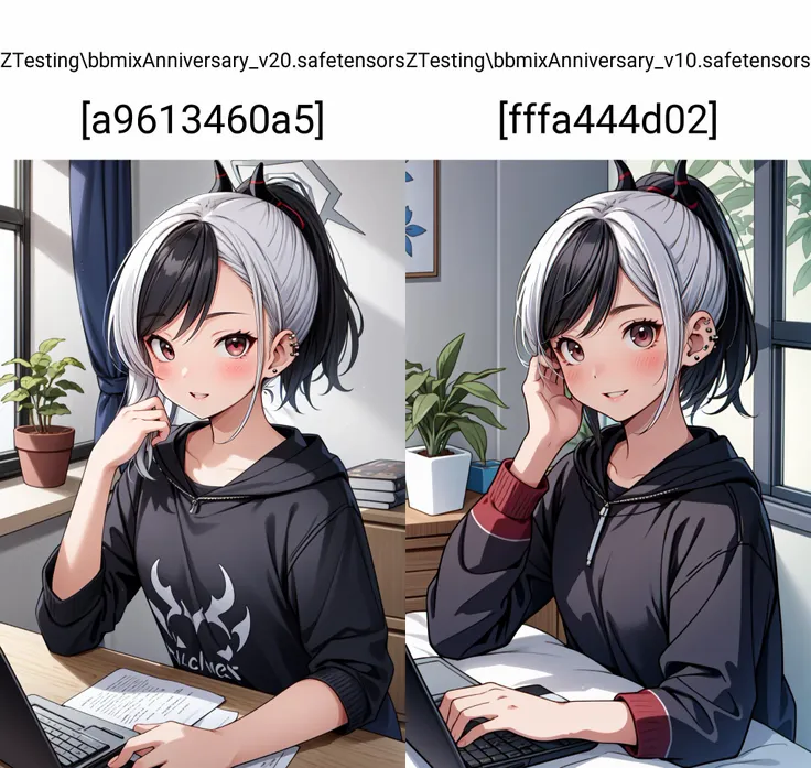 (masterpiece, best quality), intricate details,
1girl, <lora:kayoko:0.8> kayoko(blue archive), black hoodie, small breasts, red eyes, demon horn, ear piercing, multicolored hair, black hair, white hair, ponytail ,medium hair, halo,white background, looking at viewer, smile, parted parted lips, upper body,
bedroom, bed, window, computer desk, potted plant,