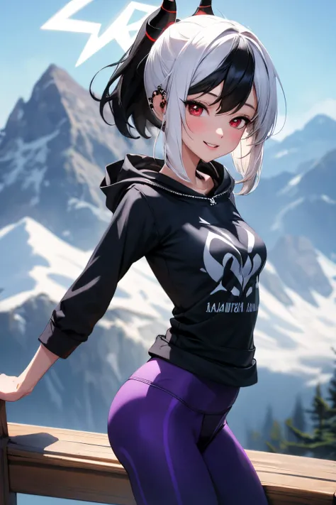 <lora:kayoko:1>, kayoko(blue archive),1girl,solo, black hoodie, (purple yoga pants:1.3), small breasts, red eyes, demon horn, ear piercing, multicolored hair, black hair, white hair, ponytail ,medium hair, halo, looking at viewer, smile, parted lips, cowboy shot, mountains scenery, <lyco:GoodHands-beta2:1.0> <lora:more_details:0.2>