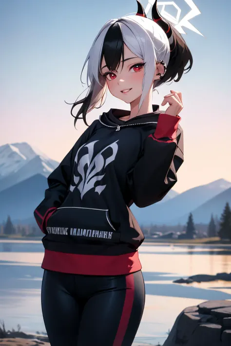 <lora:kayoko:1>, kayoko(blue archive),1girl,solo, black hoodie, purple yoga pants, small breasts, red eyes, demon horn, ear piercing, multicolored hair, black hair, white hair, ponytail ,medium hair, halo, looking at viewer, smile, parted lips, cowboy shot, mountains scenery, <lyco:GoodHands-beta2:1.0>