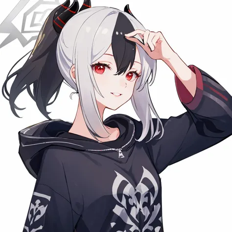 <lora:kayoko:1>kayoko(blue archive),1girl,solo, black hoodie, small breasts, red eyes, demon horn, multicolored hair, black hair, white hair, ponytail ,medium hair, halo,white background, looking at viewer, smile, parted parted lips, upper body,