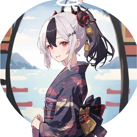 <lora:kayoko:1>kayoko (blue archive) ,1girl,solo, black kimono, small breasts, japanese clothes, red eyes, demon horn, multicolored hair, black hair, white hair, ponytail,medium hair, halo,standing, white background, looking at viewer, smile, parted parted lips, upper body, Scratchboard of a Islandpunk, (A cute girl wearing a kimono with a smile on her side:1.3) , Anime screencap, <lora:cozy anime_20230630155224:0.4>, cozy anime