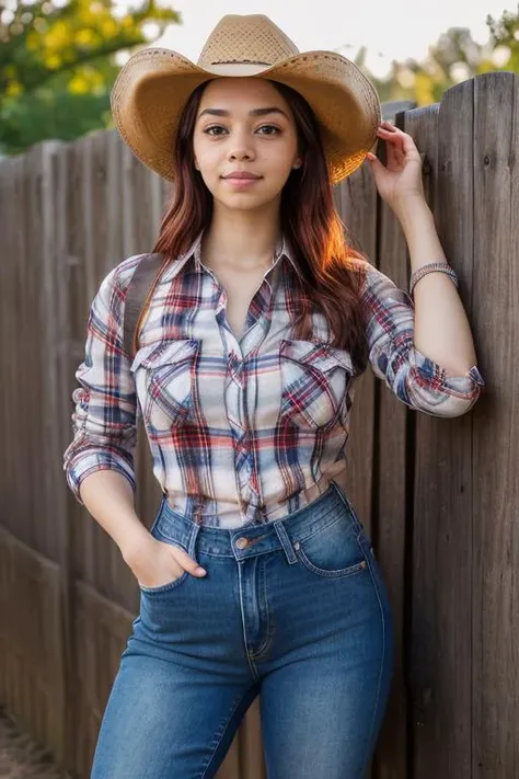 Merger_lolli_haynyx,
(country beauty posing against a wooden fence with a plaid shirt and jeans and a cowboy hat, cow girl, country girl, cow girl:1.2),
bokeh, f1.4, 40mm, photorealistic, raw, 8k, textured skin, skin pores, intricate details  <lora:epi_noiseoffset2:1>, epiCRealism