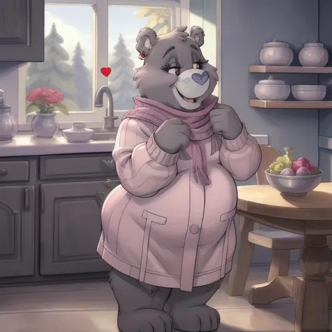 Grams_Bear,
<lora:Grams_bear-V1_0:1> grams_bear,
bear,
earrings,
necklace,
makeup,
short,
grey fur,
grey body,
grey tinted purple body,
grey tinted purple fur,
heart shaped nose,
(eyelashes:1.2),
long eyelashes,
(oversized sweater:1.2),
skirt,
loafers,
scarf,
pink scarf,
old,
chubby,
kitchen,
fireplace,
sky,
thick thighs,
paws,
bear paws,
uploaded on e621,
(detailed background, depth of field),
(intricate:1.1),
(high detail:1.2),
(soft focus),
(masterpiece, best quality, 4k, 2k, shaded, absurd res),