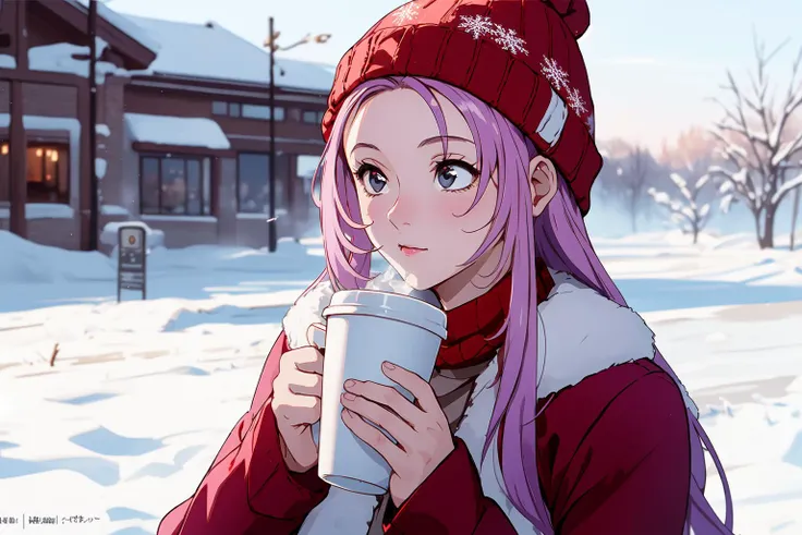 (RAW photo, best quality), 1girl,  natural lighting <lora:srw_selena_recital_v1_2-000003:1>, selena recital, 
winter, snowflake, beanie hat, outdoor, drinking coffee, aroma,