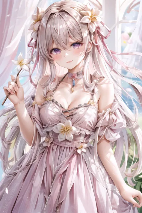 masterpiece, top quality, best quality,1girl, solo,looking at viewer,smile,<lora:lolitaFashionDress_v11:0.6>, lolita_dress,long hair,holding_skirt,flower garden,garden, <lora:hanakumo_rin_v10:0.5>,hanakumo rin, flower, purple eyes, hair ornament, hair between eyes, bangs, hair flower, bare shoulders, collarbone, yellow flower, hair ribbon, halterneck, breasts, pink ribbon, very long hair, <lora:flat2:-0.5>