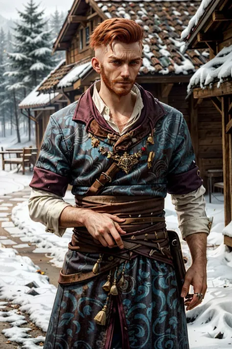(masterpiece, best quality) <lora:epi_noiseoffset2:1>  <lora:add_detail:0.6>  <lora:OlgierdWitcher:0.8>
OlgierdWitcher, solo, 1boy, red hair, undercut, in a winter wonderland, winter clothes, scarf