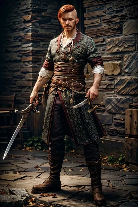 (masterpiece, best quality) <lora:epi_noiseoffset2:1>  <lora:add_detail:0.6>  <lora:OlgierdWitcher:0.8>
OlgierdWitcher, solo, 1boy, holding, standing, full body, weapon, male focus, boots, belt, sword, holding weapon, facial hair, holding sword, knife, beard, dual wielding, mustache, holding knife, dagger, reverse grip, chainmail, red hair