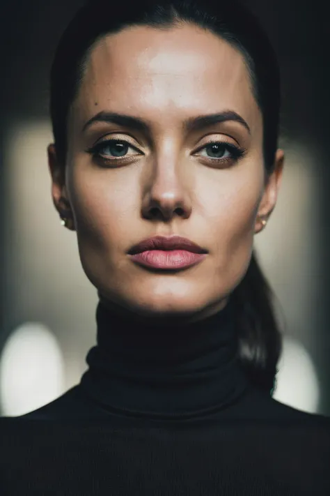 A stunning intricate full color portrait of aje, wearing a black turtleneck, epic character composition, by ilya kuvshinov, alessio albi, nina masic, sharp focus, natural lighting, subsurface scattering, f2, 35mm, <lyco:AngelinaJolie-RealVision-V1.1-k:1.0>