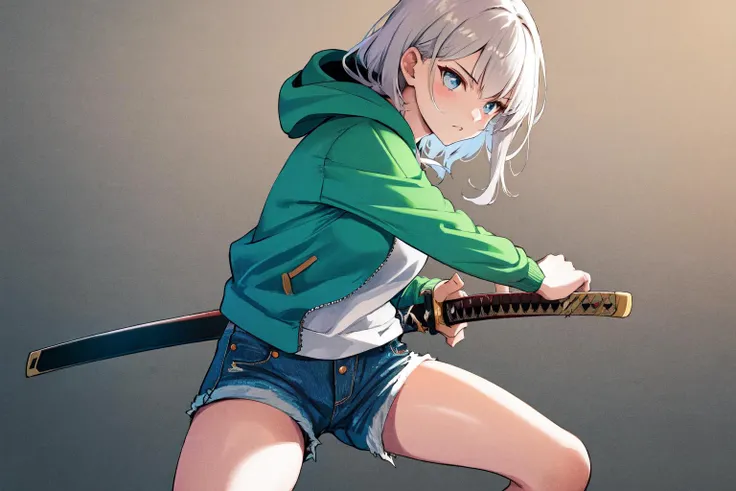 masterpiece, best quality, highres, 1girl battoujutsu, hoodie, denim shorts
<lora:battoujutsu_24re_d128:1>