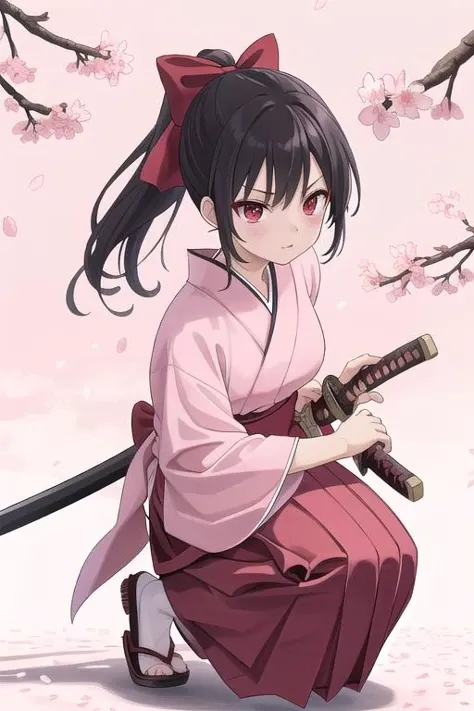 best quality, ultra detail,girl,,red eyes,outdoor,black ponytail,bow, battoujutsu,cherry blossom,pink kimono,red hakama,katana, <lora:battoujutsu_24re_d128:0.7>standing on one knee
