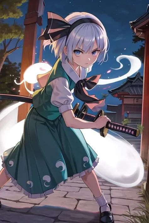 best quality, ultra detail,girl,outdoor, battoujutsu,shrine,night,katana, <lora:battoujutsu_24re_d128:0.7> konpaku_youmu_touhou <lora:konpaku_youmu_touhou:0.8>