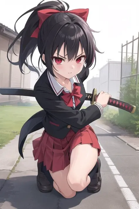 best quality, ultra detail,girl,,red eyes,outdoor,black ponytail,bow, battoujutsu,school uniform,katana, <lora:battoujutsu_24re_d128:0.7>standing on one knee