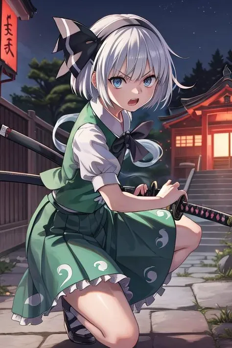best quality, ultra detail,girl,outdoor, battoujutsu,shrine,night,katana, <lora:battoujutsu_24re_d128:0.7>open mouth konpaku_youmu_touhou <lora:konpaku_youmu_touhou:0.8>