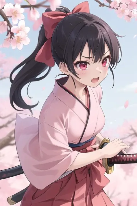 best quality, ultra detail,girl,,red eyes,outdoor,black ponytail,bow, battoujutsu,cherry blossom,pink kimono,red hakama,katana, <lora:battoujutsu_24re_d128:0.7>open mouth