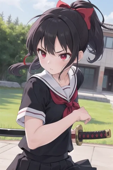 best quality, ultra detail,girl,,red eyes,outdoor,black ponytail,bow, battoujutsu,school uniform,katana, <lora:battoujutsu_24re_d128:0.7>