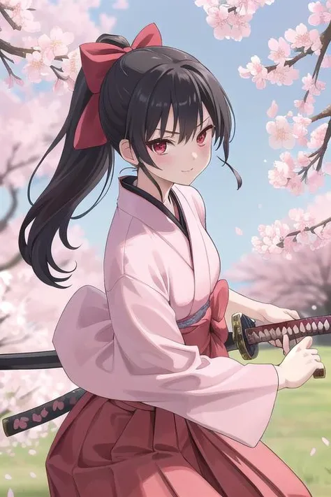 best quality, ultra detail,girl,,red eyes,outdoor,black ponytail,bow, battoujutsu,cherry blossom,pink kimono,red hakama,katana, <lora:battoujutsu_24re_d128:0.7>