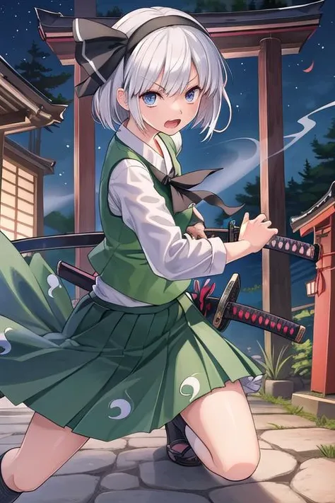 best quality, ultra detail,girl,outdoor, battoujutsu,shrine,night,katana, <lora:battoujutsu_24re_d128:0.7>open mouth konpaku_youmu_touhou <lora:konpaku_youmu_touhou:0.8>