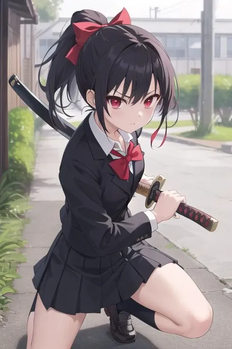 best quality, ultra detail,girl,,red eyes,outdoor,black ponytail,bow, battoujutsu,school uniform,katana, <lora:battoujutsu_24re_d128:0.7>standing on one knee