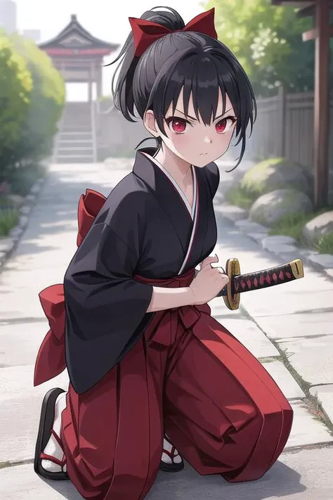 best quality, ultra detail,girl,,red eyes,outdoor,black ponytail,bow, battoujutsu,kimono,hakama,katana, <lora:battoujutsu_24re_d128:0.7>standing on one knee