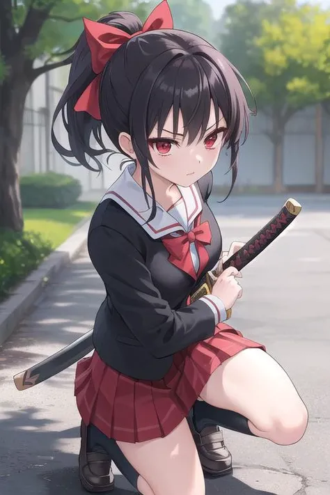 best quality, ultra detail,girl,,red eyes,outdoor,black ponytail,bow, battoujutsu,school uniform,katana, <lora:battoujutsu_24re_d128:0.7>standing on one knee
