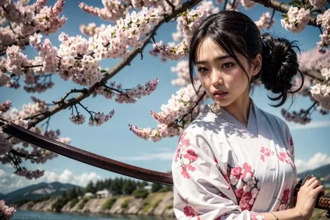 (realistic:1.3), finely detailed, quality, rembrandt lighting, (masterpiece:1.2), (photorealistic:1.2), (best quality), (detailed skin:1.3), (intricate details), dramatic, ray tracing, 1girl, japanese girl, 21 years old, detailed skin texture, (blush:0.5), (goosebumps:0.5), subsurface scattering, staring, angry, serious expression, medium breasts, updo hair, bangs, hair between eyes, kimono, japanese clothes, floral print, cowboy shot, (battoujutsu:1.1), (bright sunny day, cherry blossoms trees, cherry blossoms, river, sky), <lora:battoujutsu_24re_d128:1>