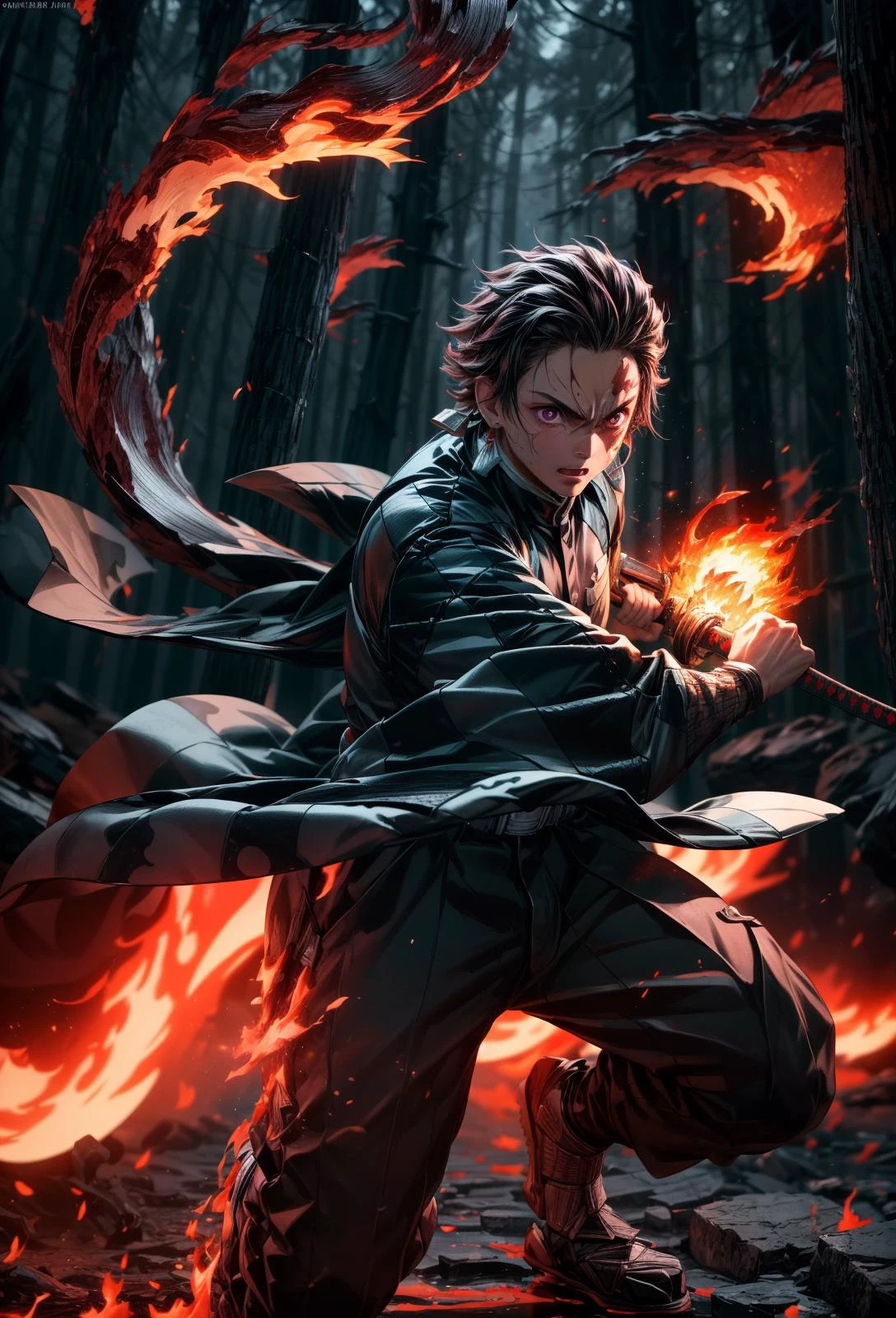 amazing quality, masterpiece, best quality, hyper detailed, ultra detailed, UHD, perfect anatomy, blurry background,
(flame vortex:1.3), (flame afterimage:1.35), (motion blur:1.2), (flame storm, flame tornado, flame circle:1.3),
(fighting stance:1.2), (night:1.2), flame environment, looking at viewer,
Tanjiro, OriginalOutfit, Scar,Scar on forehead, stride,
forest, fog, rocky terrain, (radioactive background:1.1),
<lora:battoujutsu_24re_d128:0.85>, battoujutsu,
<lora:Tanjiro:0.7>,
<lora:detail_slider_v4:1>,
<lora:more_details:0.4>,
<lora:add_detail:0.25>,
<lora:emotion_angry_slider_v1:1>,
<lora:GoodHands-vanilla:1>,