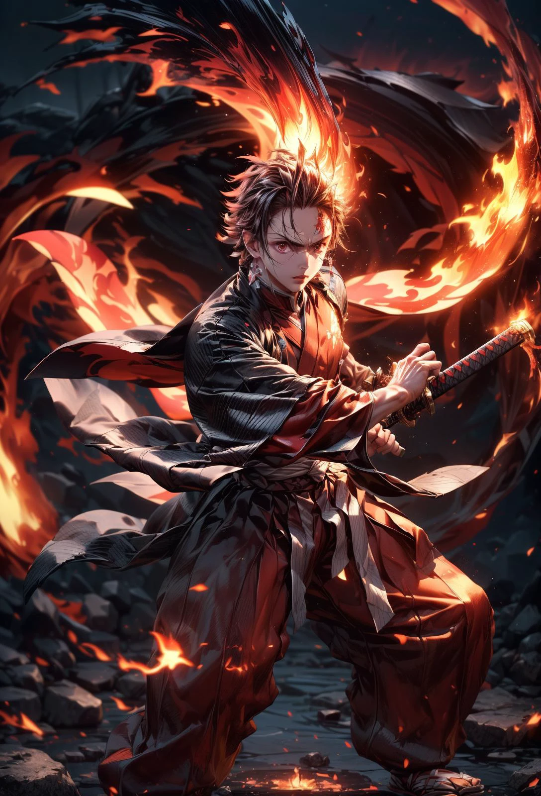 amazing quality, masterpiece, best quality, hyper detailed, ultra detailed, UHD, perfect anatomy, blurry background,
(night:1.2), looking at viewer,
Tanjiro, OriginalOutfit, Scar,Scar on forehead, stride,
wilderness, fog, rocky terrain,
(fighting stance:1.3), (lean forward:1.2), waving sword,
full body, sword with flame, (flame surrounded:1.3), glowing, hands up, (flame vortex:1.2), (flame afterimage:1.2), (motion blur:1.2), (flame around self, flame storm, flame tornado, flame circle:1.2),
<lora:battoujutsu_24re_d128:0.85>, battoujutsu,
<lora:Tanjiro:0.7>,
<lora:detail_slider_v4:1>,
<lora:more_details:0.4>,
<lora:add_detail:0.25>,
<lora:emotion_angry_slider_v1:1>,
<lora:GoodHands-vanilla:1>,
<lora:ç«ç¥ç¥èæ°Zhurongshi_V2.2:0.7>, huoshen, zhurongshi,