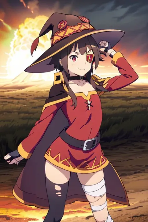 arched back, covered nipples, braless,((torn dress)), sfw, close up,((torn clothes)),torn, fantasy00d, outdoors, big explosion, explosion cloud, (explosion in background, BOOM), front view, top view,<lora:1V-000010:0.8>,,1girl,arched back, hilding hat,glowing red eyes,(red dress),short hair,brown hair,choker,collarbone,eyepatch,short hair with long locks,sidelocks,good hand,small breasts,smile,smug,
witch hat,black cape,black thighhighs,bandages,red dress,black gloves,single thighhigh,belt,orange boots,asymmetrical legwear,bandaged leg,long sleeves,fingerless gloves, hands up, clenched fists, cowboy shot, (masterpiece:1,2), best quality, masterpiece, highres, original, extremely detailed wallpaper, perfect lighting,(extremely detailed CG:1.2),