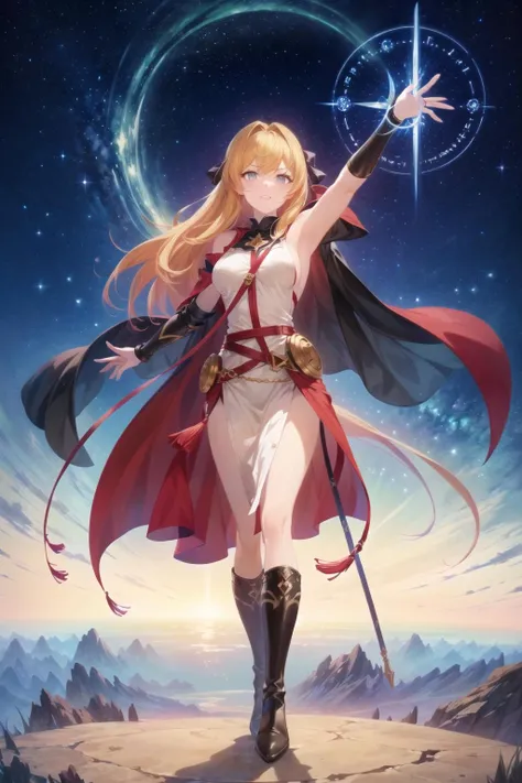 (ancient female sword saint, ancient ritual, golden light in the night sky, light on the horizon, huge magic circle echoing the sky),
(full body, standing, woman with long hair, gold and white colors:1.2),
(solo:1.5),
(bare arms),(ritual robe),(metal boots),(golden sword:1.1),
(determined eyes)
(bird's-eye view),(wide shot),
(The woman stands on a hilltop, facing the horizon where a faint light is visible. She holds a golden sword in her hands, ready to plunge it into the ground.Behind her, a huge magic circle glows in the night sky, matching the shape and color of the sword. The magic circle is part of an ancient ritual that requires the sacrifice of the sword saint's life force. The woman has used up all her magic power to activate the ritual, hoping to save her world from a looming threat. She looks at the horizon with a resolute expression, knowing that this is her final moment.)