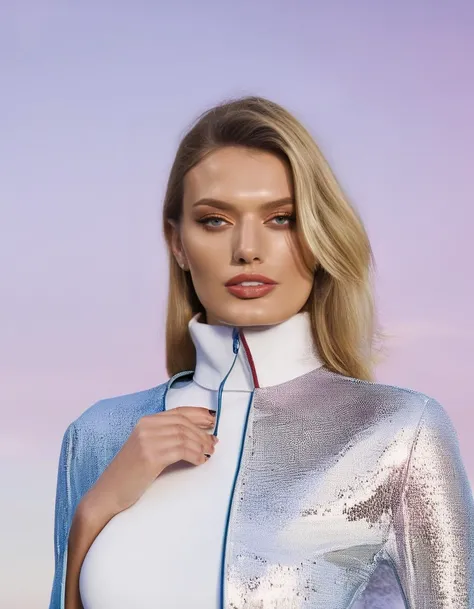 Finland, <lora:BregjeHeinen:1> Bregje Heinen, a dutch model, posing working as a tour guide, high-necked clothing, professional lighting, professionally color graded Technichrome, tack sharp, fashion shoot, tack sharp, Nikon DSLR