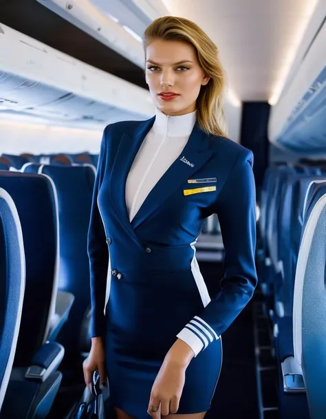 Iceland, <lora:BregjeHeinen:1> Bregje Heinen, a dutch model, posing working as a stewardess on a plane, high-necked clothing, professional lighting, professionally color graded Nikon DSLR, tack sharp, fashion shoot, tack sharp, Nikon DSLR