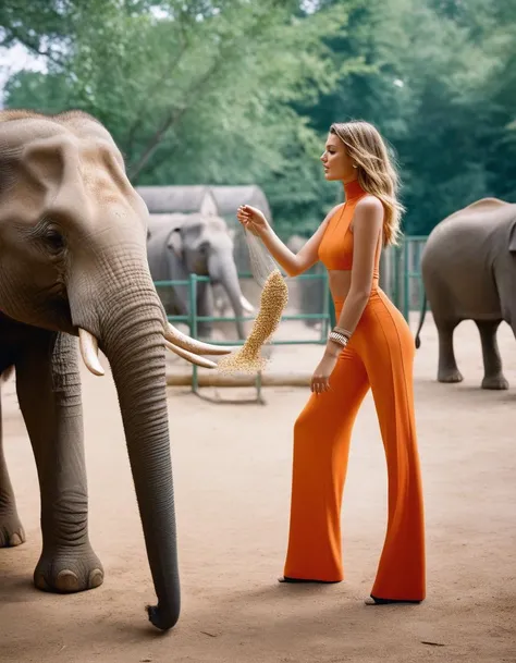 Bulgaria, <lora:BregjeHeinen:1> Bregje Heinen, a dutch model, posing working at the zoo, feeding the elephants, high-necked clothing, professional lighting, professionally color graded Kodachrome, tack sharp, fashion shoot, tack sharp, Nikon DSLR