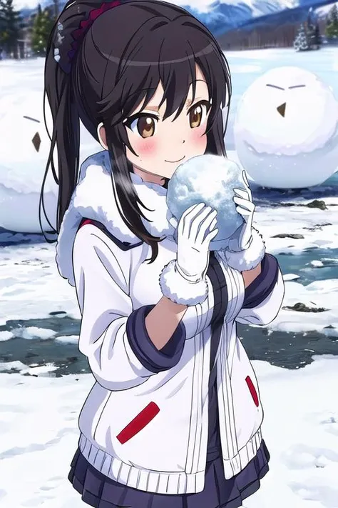 masterpiece, best quality,ultra detail,<lora:GoodHands-vanilla:0.8> <lora:anmnr01:0.3> <lora:add_detail:0.5>,from above,winter outfit,large breasts,ichijou_hotaru_nonnonbiyori,<lora:ichijou_hotaru_nonnonbiyori:0.7>,snow,winter,snow field,snowman,happy,white breath,holding snowball.gloves