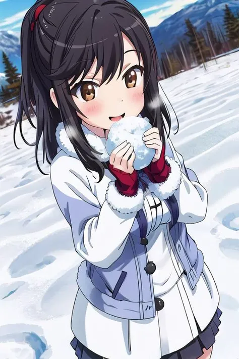 masterpiece, best quality,ultra detail,<lora:GoodHands-vanilla:0.8> <lora:anmnr01:0.3> <lora:add_detail:0.5>,from above,winter outfit,large breasts,ichijou_hotaru_nonnonbiyori,<lora:ichijou_hotaru_nonnonbiyori:0.7>,snow,winter,snow field,snowman,happy,white breath,holding snowball.gloves,dutch angle